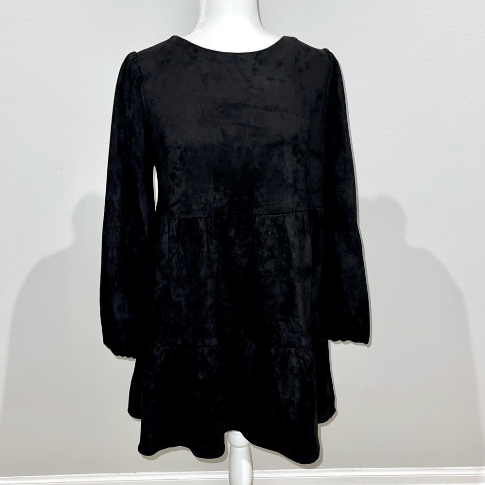 Flying Tomato - BLACK Velvet Babydoll Dress with Long Sleeves